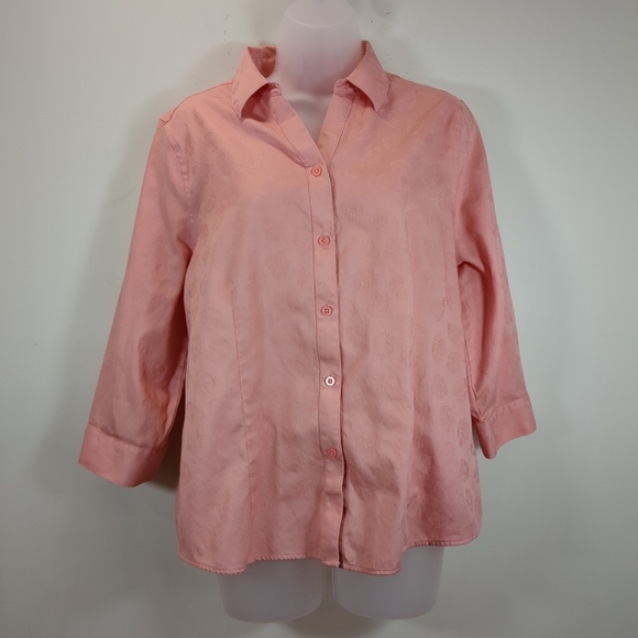 Chico's women's button up long sleeve pink leaf print blouse size 2 - Picture 2 of 9